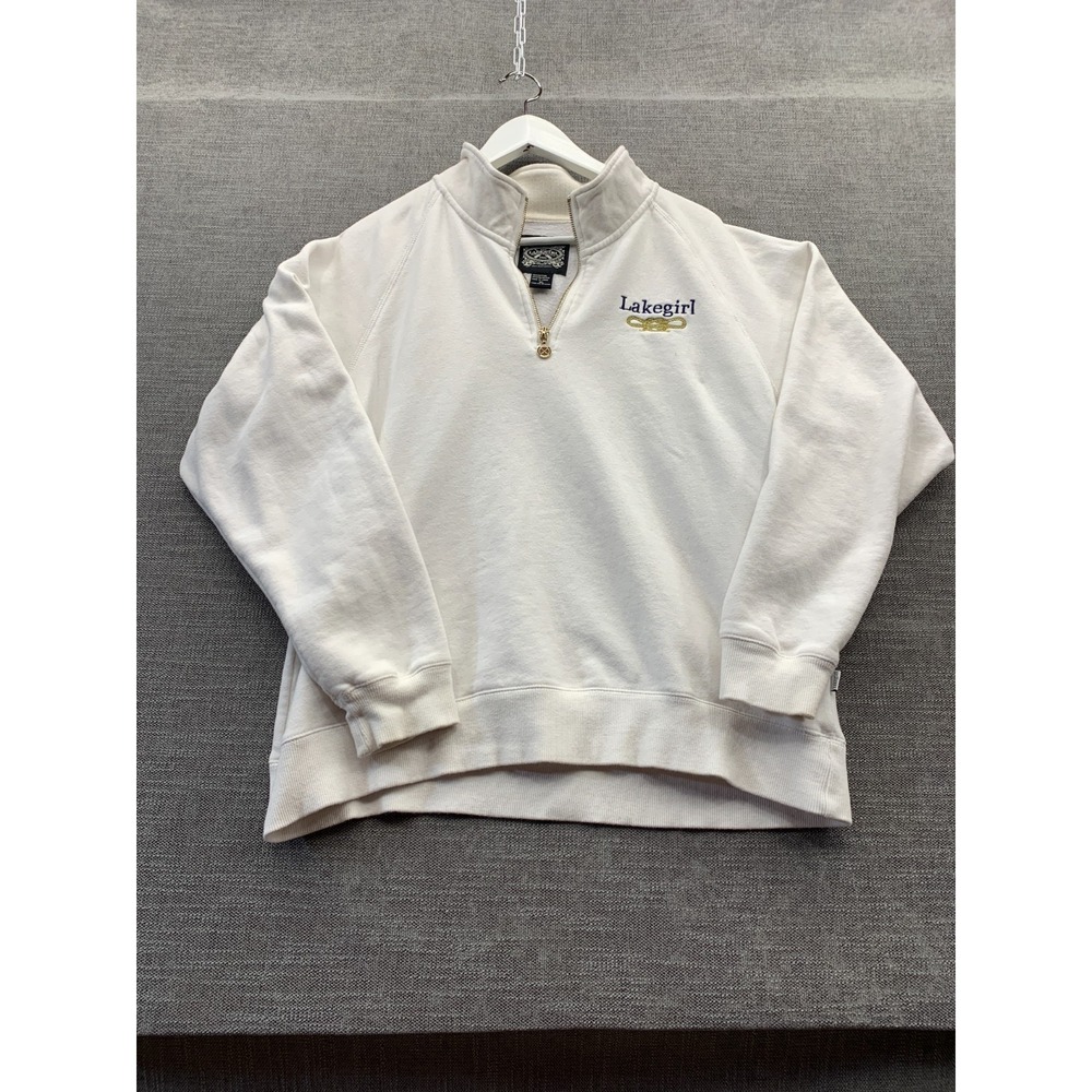 Lakegirl Sweatshirt Womens XL White Cotton Raglan Sleeve Mock Neck Quarter Zip